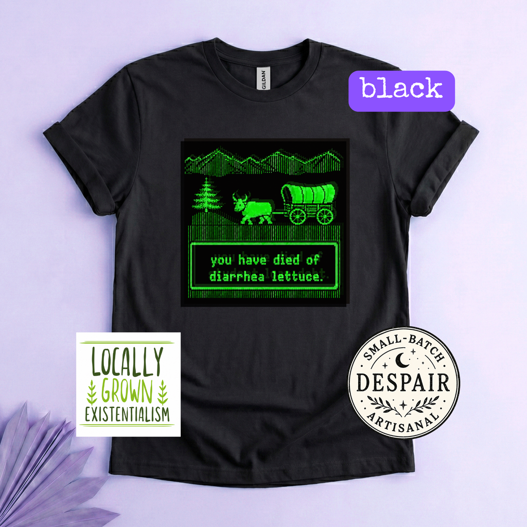You Have Died Of Diarrhea Lettuce Shirt | Retro Pixel Art Food Safety Humor Tee | Vintage Gaming Meme | E. Coli Romaine Gift