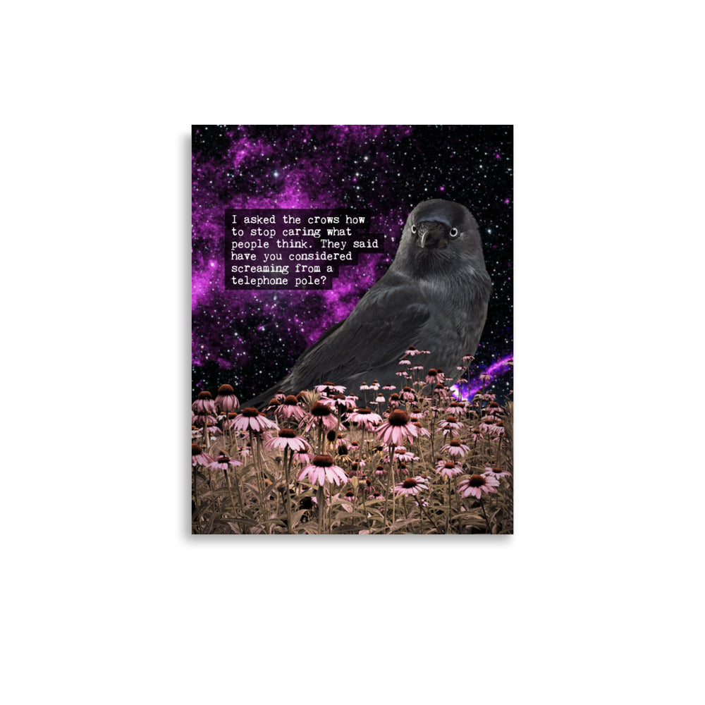 Stop Caring Crow poster: a crow in a field of pink coneflowers under a purple cosmic sky, with the text: I asked the crows how to stop caring what people think. They said have you considered screaming from a telephone pole?